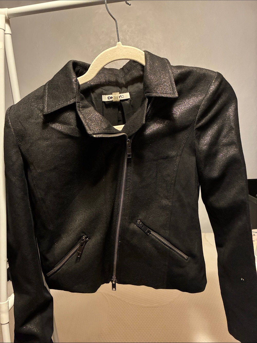 DKNY Black Shimmer Faux-Leather Zip Front Jacket